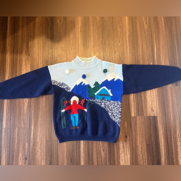 Vintage Ski Cabin Knit Sweater in Navy, Light Blue & Red - Picture 8 of 15
